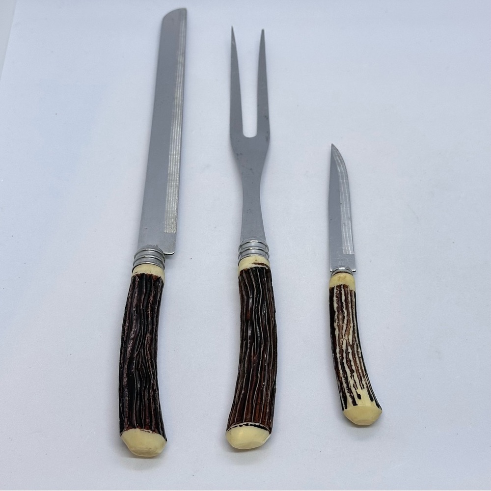 VTG Stainless Steel Knives and Serving Fork with Faux Stag Antler Handles Japan